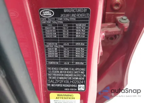 2020 Land Rover Range Rover Evoque Se из США, поврежденный, VIN SALZP2FX9LH029241